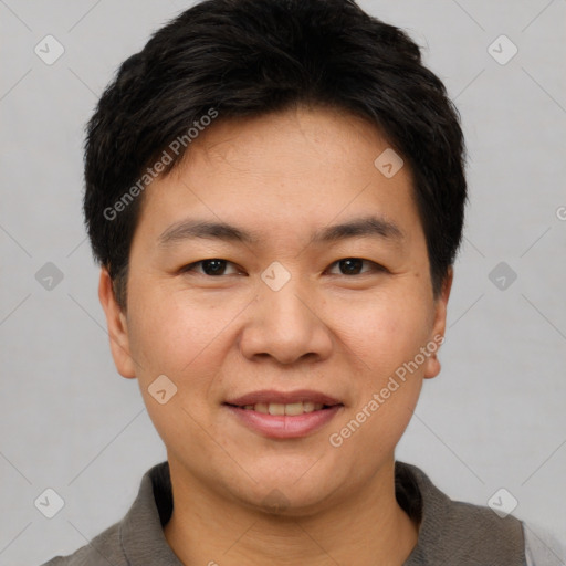 Joyful white young-adult male with short  black hair and brown eyes