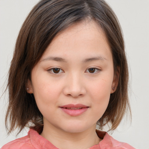 Joyful white child female with medium  brown hair and brown eyes