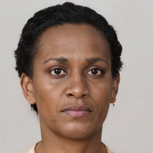 Neutral black adult female with short  brown hair and brown eyes