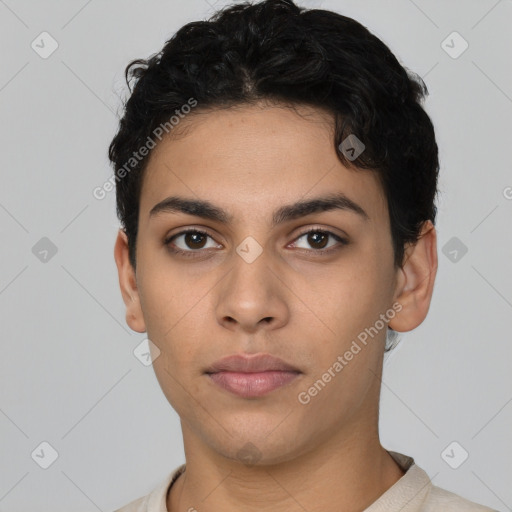 Neutral latino young-adult male with short  black hair and brown eyes