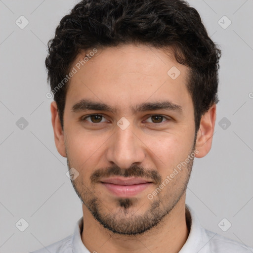 Joyful white young-adult male with short  black hair and brown eyes