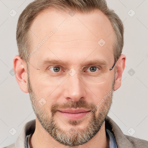 Joyful white adult male with short  brown hair and grey eyes