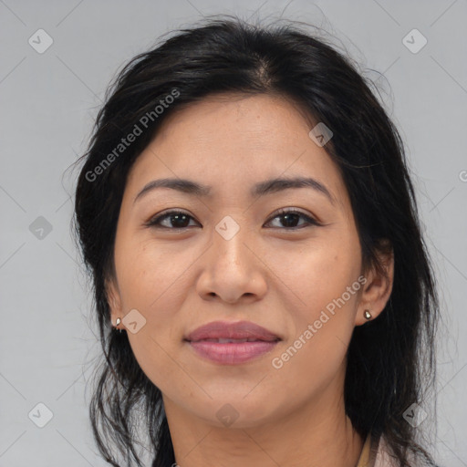 Joyful asian young-adult female with medium  brown hair and brown eyes