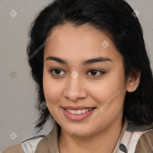 Joyful latino young-adult female with medium  brown hair and brown eyes