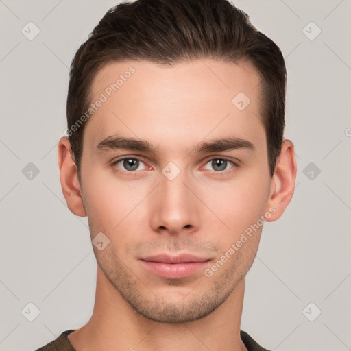 Neutral white young-adult male with short  brown hair and brown eyes