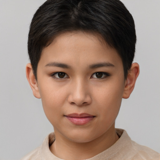 Neutral asian child female with short  brown hair and brown eyes