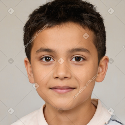 Joyful white child male with short  brown hair and brown eyes