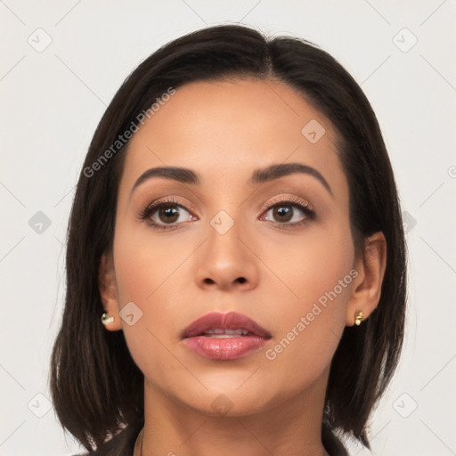 Neutral white young-adult female with medium  brown hair and brown eyes