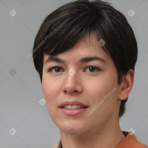 Joyful white young-adult female with medium  brown hair and brown eyes