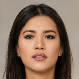 Neutral asian young-adult female with long  brown hair and brown eyes