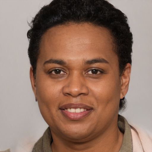 Joyful black young-adult female with short  brown hair and brown eyes