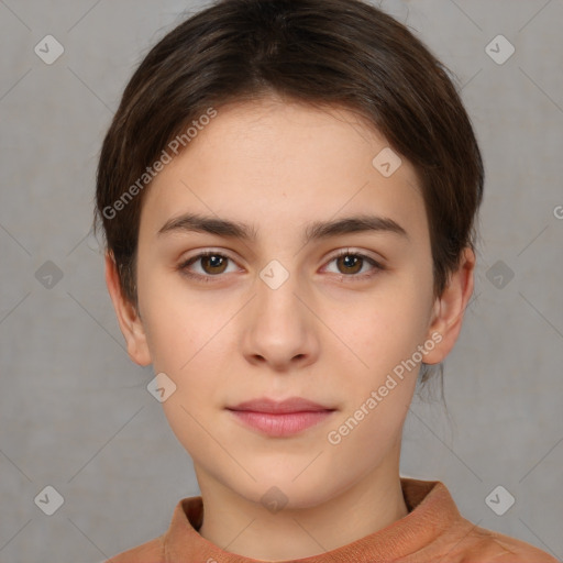 Neutral white young-adult female with short  brown hair and brown eyes