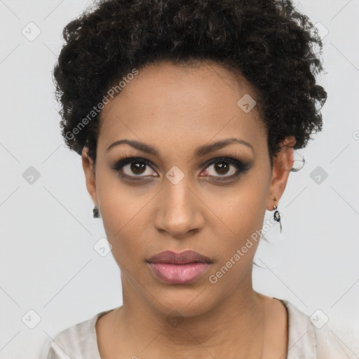 Neutral black young-adult female with short  brown hair and brown eyes