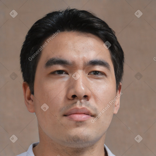 Neutral asian young-adult male with short  black hair and brown eyes