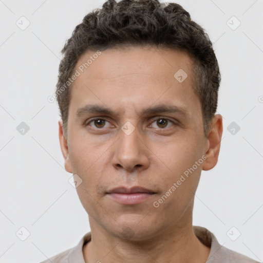 Neutral white adult male with short  brown hair and brown eyes