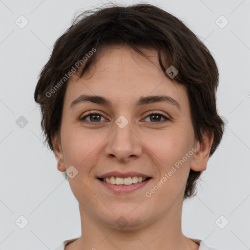 Joyful white young-adult female with short  brown hair and brown eyes