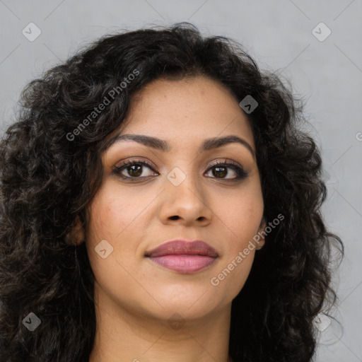 Joyful latino young-adult female with long  brown hair and brown eyes