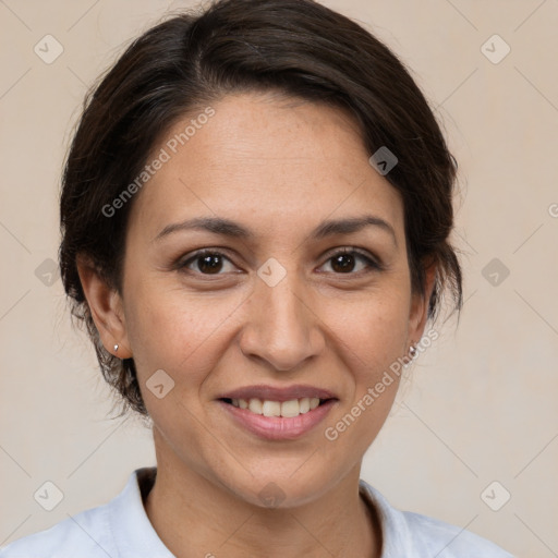 Joyful white adult female with medium  brown hair and brown eyes