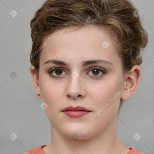 Neutral white young-adult female with short  brown hair and grey eyes