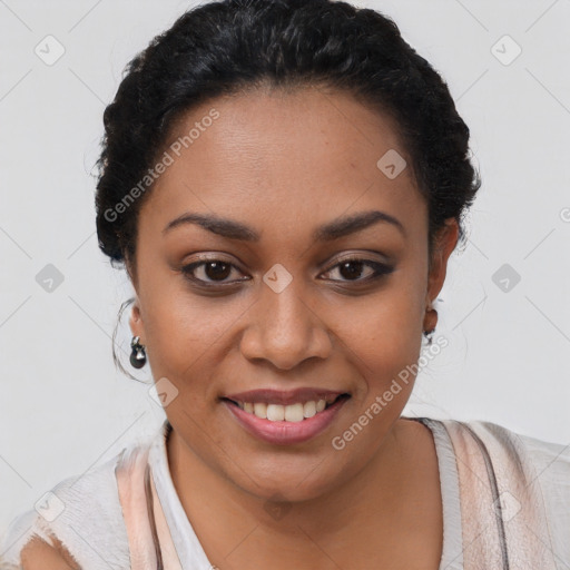 Joyful latino young-adult female with short  black hair and brown eyes