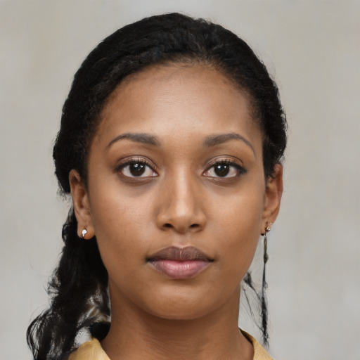 Neutral latino young-adult female with long  black hair and brown eyes
