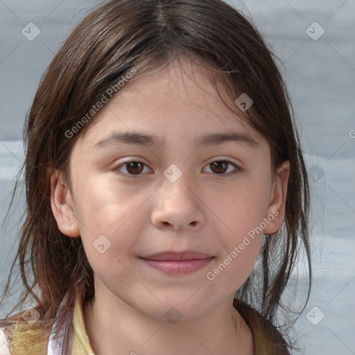 Joyful white child female with medium  brown hair and brown eyes