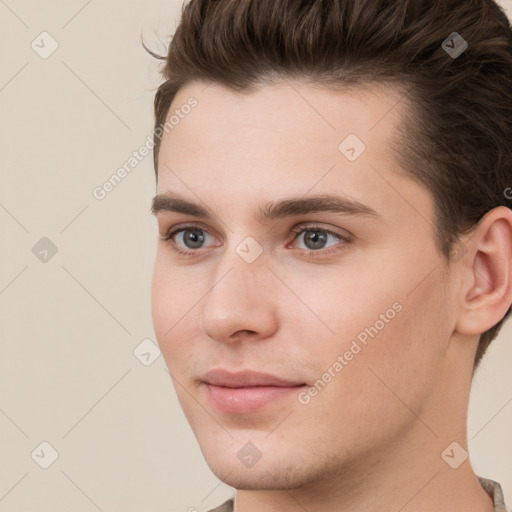 Neutral white young-adult male with short  brown hair and brown eyes