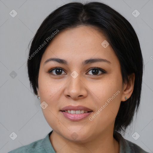 Joyful asian young-adult female with medium  brown hair and brown eyes