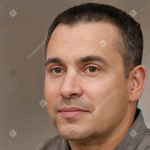 Neutral white adult male with short  brown hair and brown eyes