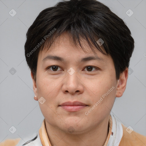 Joyful asian young-adult female with short  brown hair and brown eyes