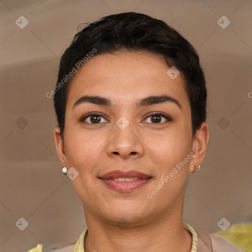 Joyful latino young-adult female with short  brown hair and brown eyes