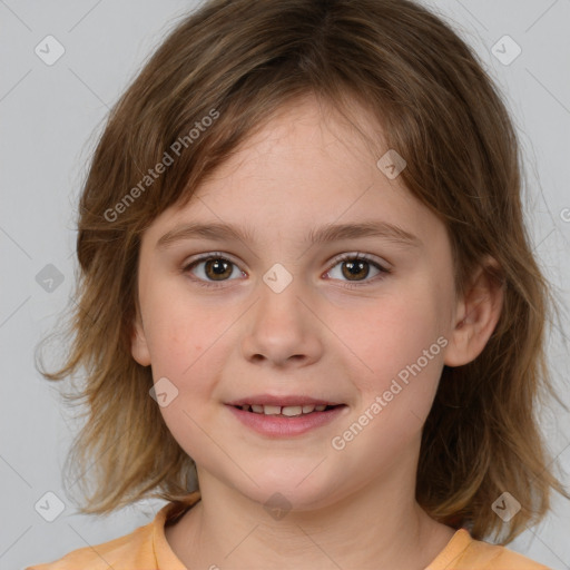 Joyful white child female with medium  brown hair and brown eyes