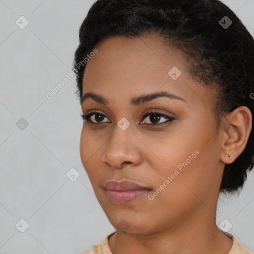 Neutral black young-adult female with short  black hair and brown eyes