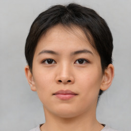 Neutral asian young-adult female with short  brown hair and brown eyes