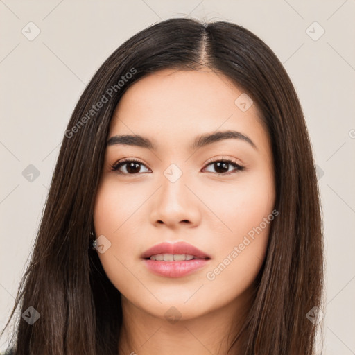 Neutral white young-adult female with long  brown hair and brown eyes