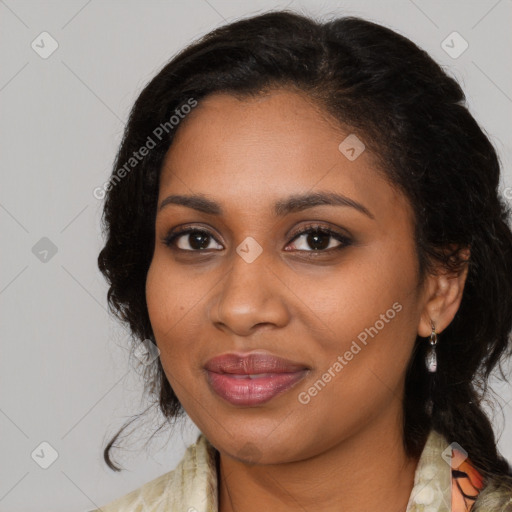 Joyful black young-adult female with medium  black hair and brown eyes