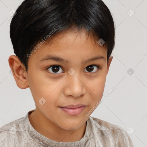 Joyful white child female with short  brown hair and brown eyes