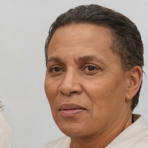 Joyful white middle-aged female with short  brown hair and brown eyes