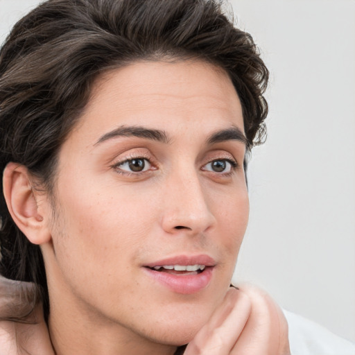 Joyful white young-adult male with medium  brown hair and brown eyes