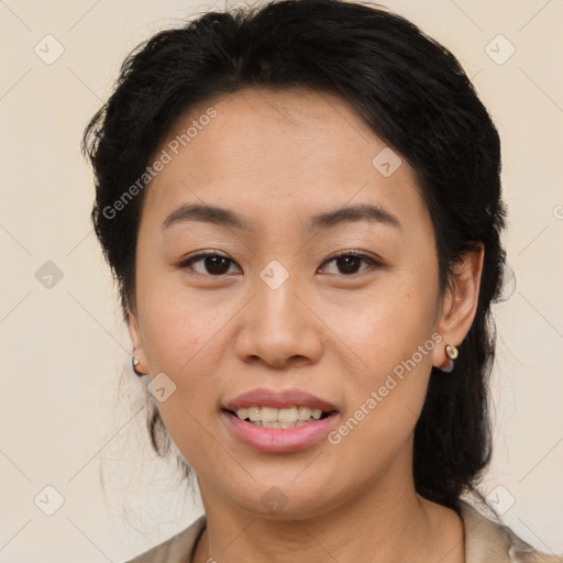 Joyful latino young-adult female with medium  brown hair and brown eyes