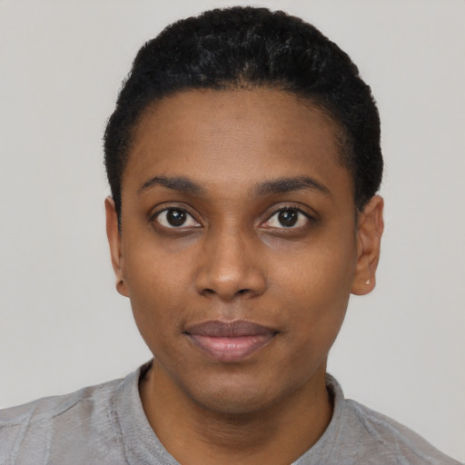 Neutral black young-adult female with short  black hair and brown eyes