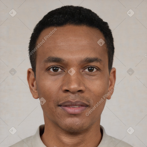 Neutral black young-adult male with short  black hair and brown eyes