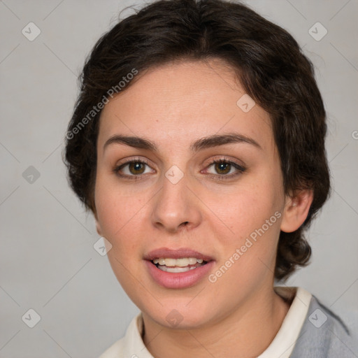 Joyful white young-adult female with medium  brown hair and green eyes