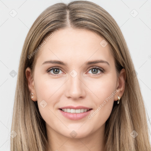 Joyful white young-adult female with long  brown hair and grey eyes