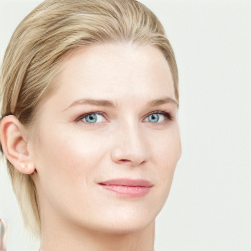 Joyful white young-adult female with medium  brown hair and blue eyes