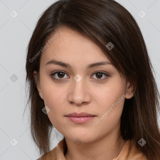 Neutral white young-adult female with long  brown hair and brown eyes