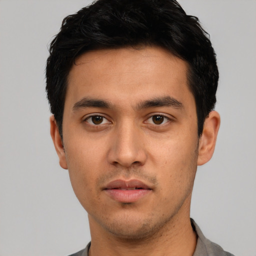 Neutral asian young-adult male with short  black hair and brown eyes