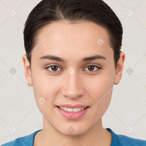 Joyful white young-adult female with short  brown hair and brown eyes