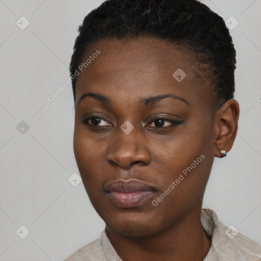 Joyful black young-adult female with short  black hair and brown eyes