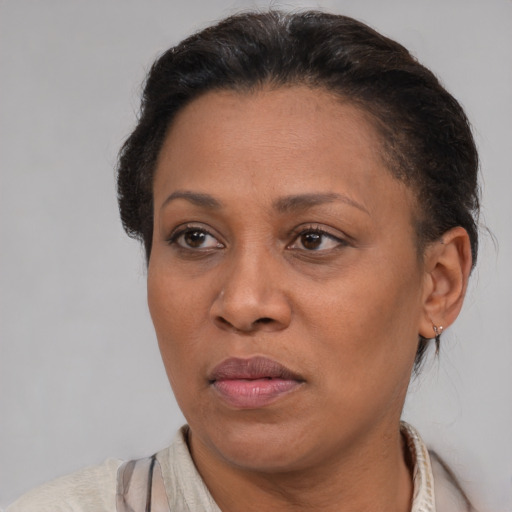 Joyful latino adult female with short  brown hair and brown eyes